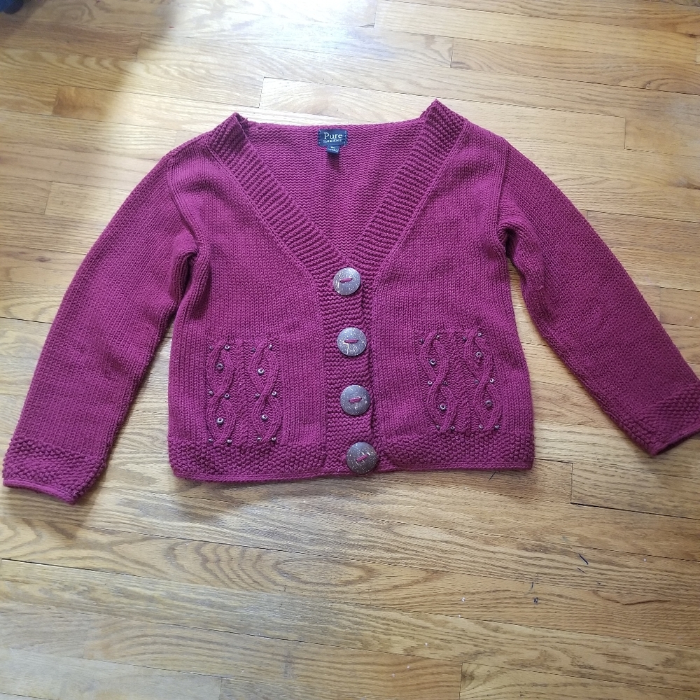 Pure Handknit Big Button M/L Bead Vneck Dark Fuscia Cotton Knit Cardigan Sweater